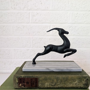 Vintage 1920s Art Deco Metal Leaping Gazelle Figurine on Marble Base