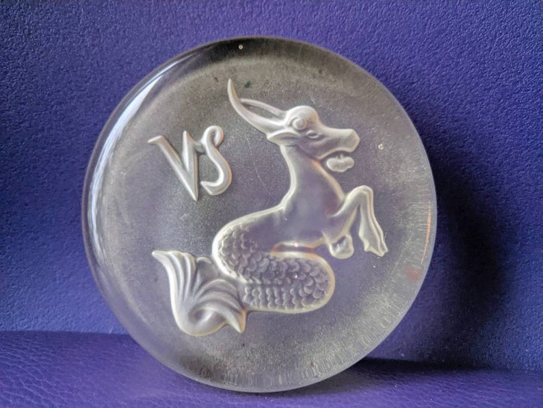 Pressed Glass Astrological Design Vintage Lead Crystal Capricorn Paperweight