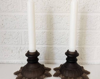 Pair Vintage Westmoreland Glass Ring and Petal Brown Satin Glass Candle Holders