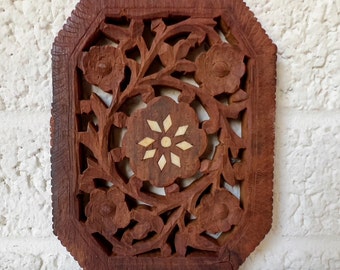 Vintage Hand Carved Wooden Trivet or Wall Art | Inlay | Bohemian Design