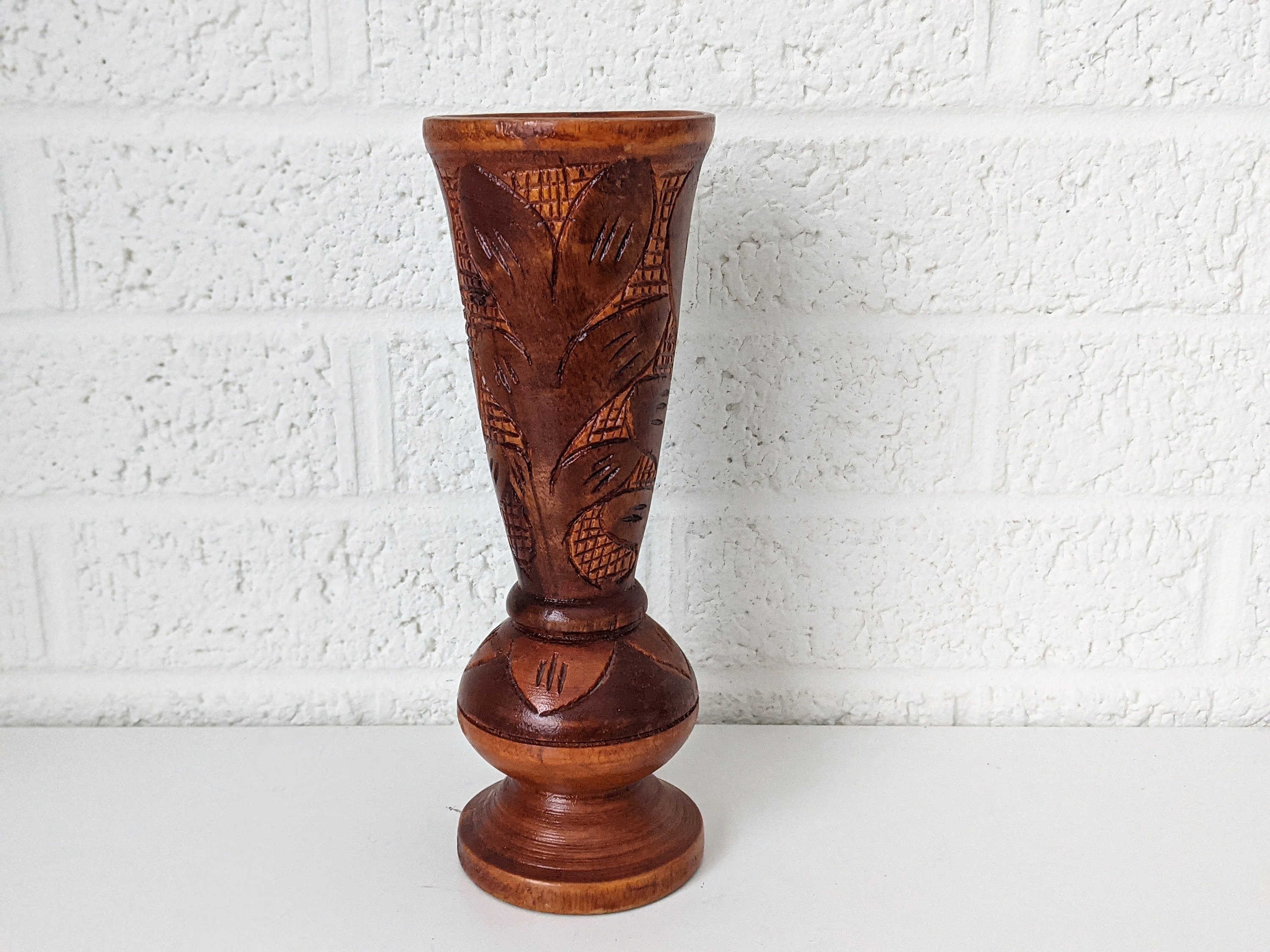 Vintage Hand Carved Wood Vase  Handmade Wooden Vessel — Hoppe Shoppe