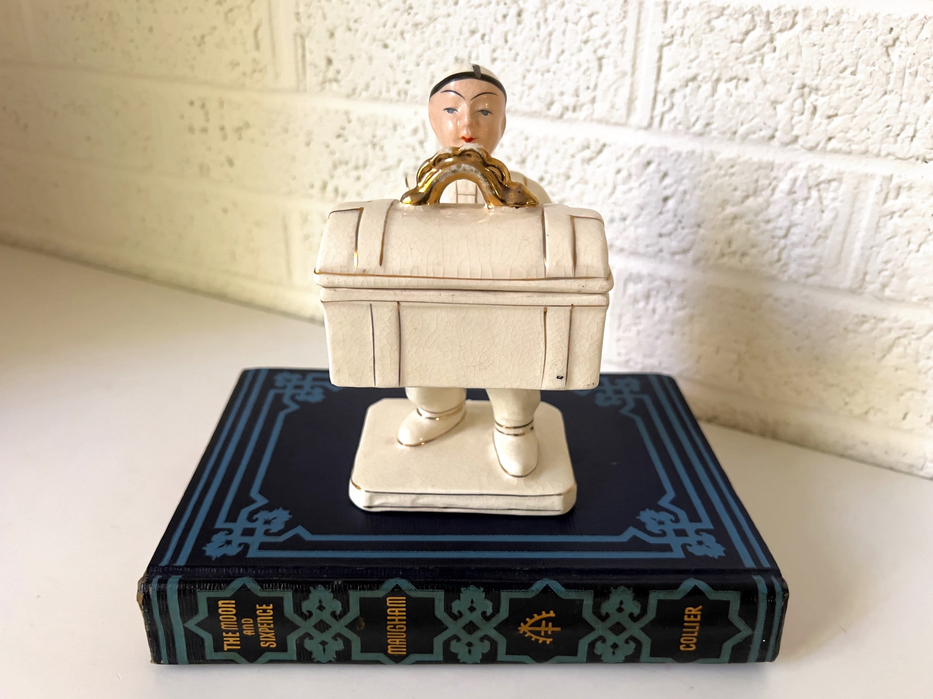Vintage Porcelain Figurine Box | Asian Man Carrying Box With