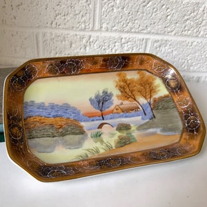 Vintage Nippon Hand Painted Tray | Rural Scene in Autumn, Bridge over River