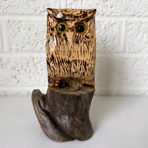 Vintage Carved Wood Owl | Wooden Owl Perched on Tree Stump