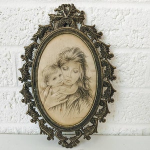 Vintage Serigraph on Satin in Brass Frame by Italian Artist Giuseppe Tarantino | Mother and Child 1970