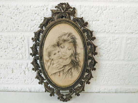Vintage Serigraph on Satin in Brass Frame by Italian Artist Giuseppe Tarantino | Mother and Child 1970
