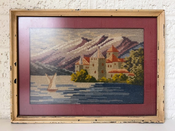 Vintage Framed Needlepoint Art | Coastal European Scene