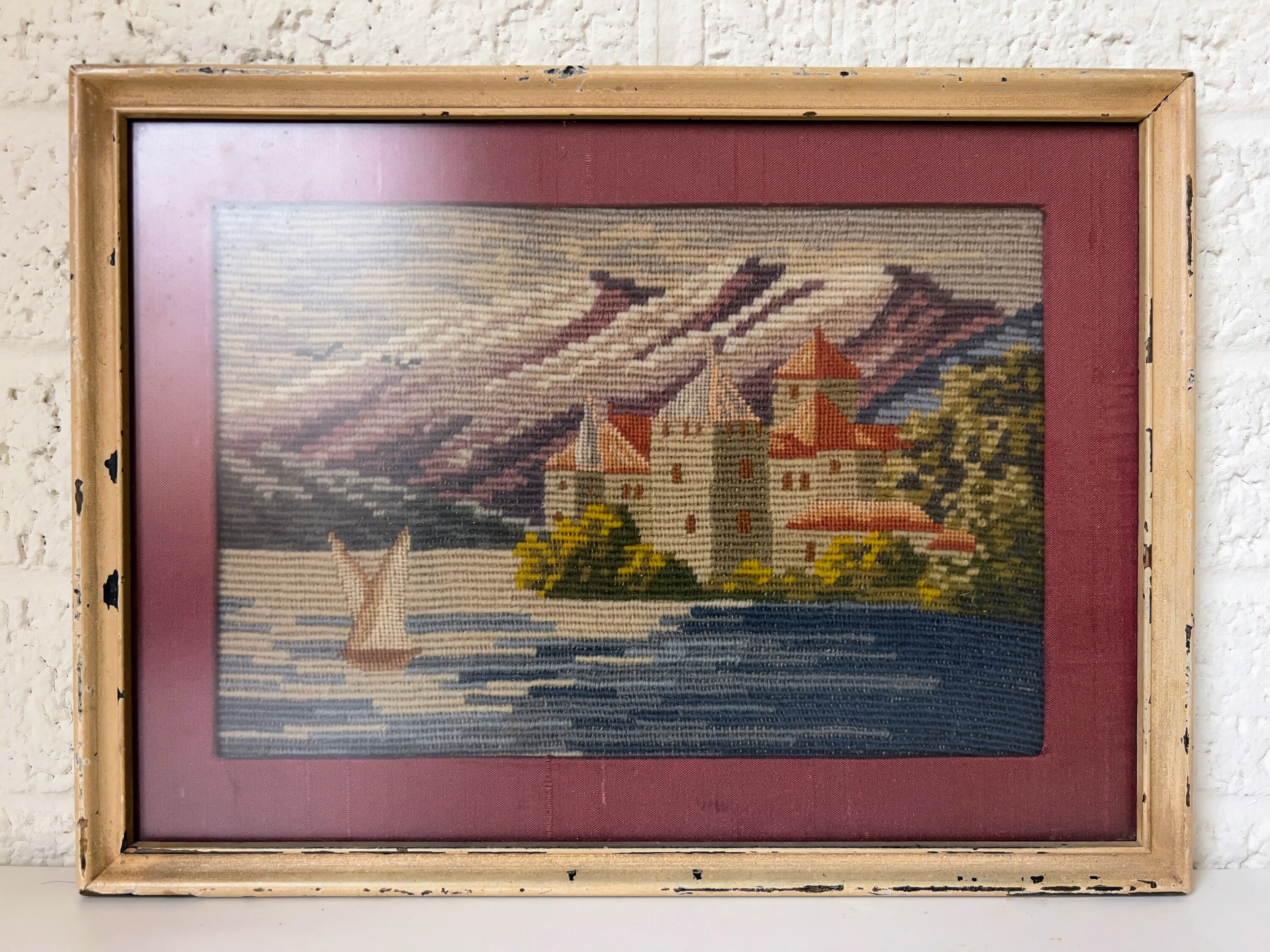 Vintage Framed Needlepoint Art Coastal European Scene Sailboats