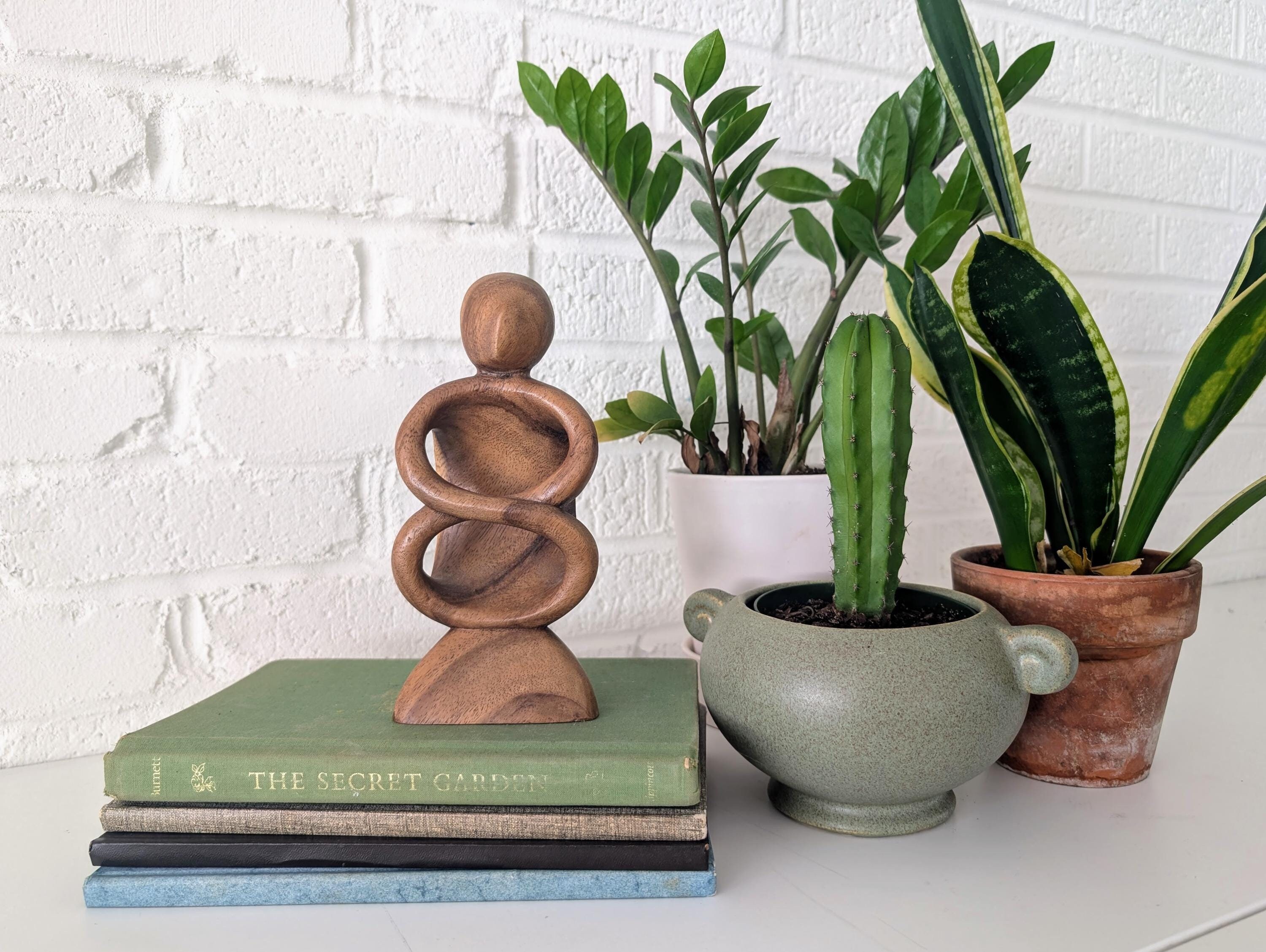 Vintage Wood Sculpture on Base | Carved Wooden Person, Infinity