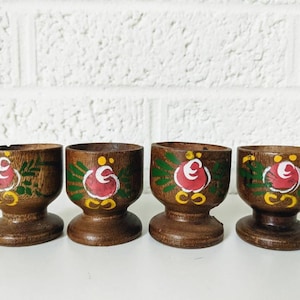 Four Vintage Painted Wood Communion Cups | Folk Art Painted Wooden Cups