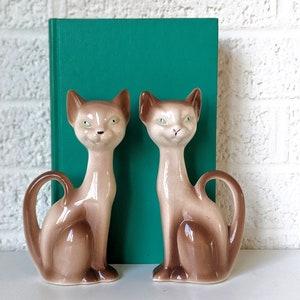 Pair Vintage Siamese Cats | Ceramic Siamese Cats with Green Eyes