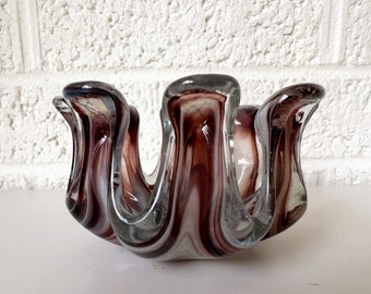 Vintage Blown Glass Bowl, Candle Holder, Trinket Dish | Purple Swirl Glass