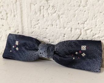Vintage Clip On Bow Tie | Navy Silk with Faded out Look and Pink and White Square Accents | Rockabilly Bow Tie
