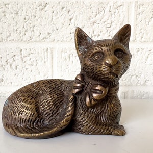 Vintage Brass Cat Figurine | Sitting Cat with Ribbon around its Neck