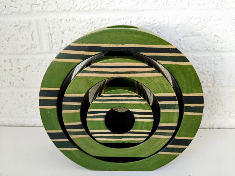 Vintage träteljushållare med cirklar | Grön med ränder bild 6