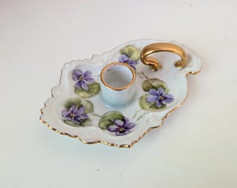 Vintage Painted Violets Candleholder | Chamberstick | Pastel Flowers | Signed Jane Flory | Cottagecore