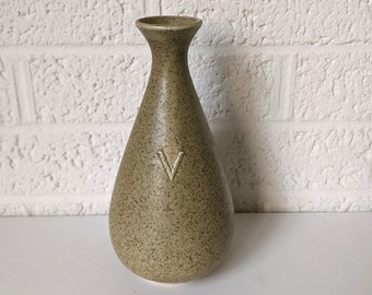 Vintage Speckled Potter Vase or Vinegar Jar | Green and Brown Olive Colored Vase or Vinegar Jar