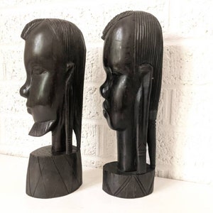 Vintage Pair Ebony Carved Heads | African Hand Carved Maasai Ebony Bust Figurines