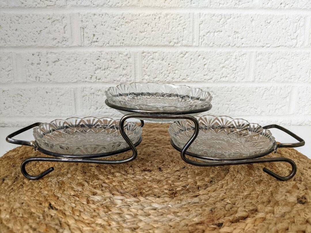 Vintage Three Dish Metal Stand With Three Glass Dishes Snack Stand Nut