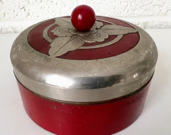 Vintage Chase USA Art Deco Powder Jar | Chrome, Glass, and Enamel Dresser Box | Trinket Box