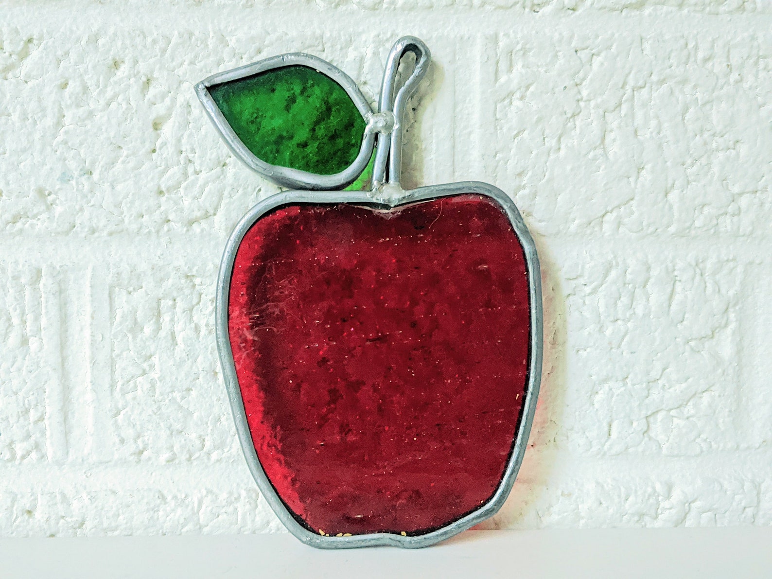 Vintage Stained Leaded Glass Apple Suncatcher Etsy