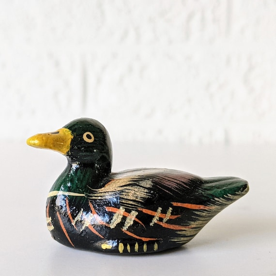 Tiny Vintage Hand Painted Clay Duck Figurine | Miniature Duck
