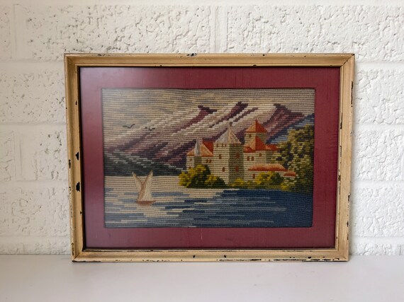 Vintage Framed Needlepoint Art | Coastal European Scene