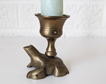 Vintage mässingsljusstake i groda | Etsad mässingssköldpadda ljusstake | Groda ljusstake