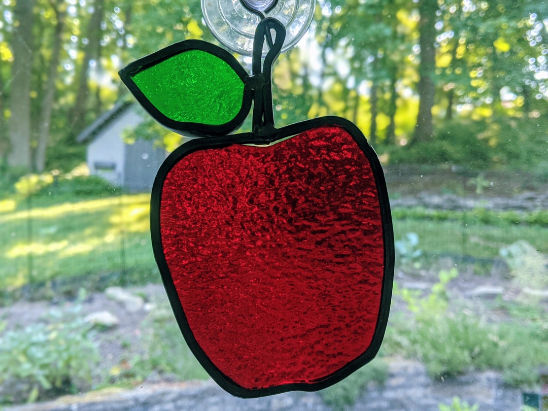 Vintage Stained Leaded Glass Apple Suncatcher Etsy