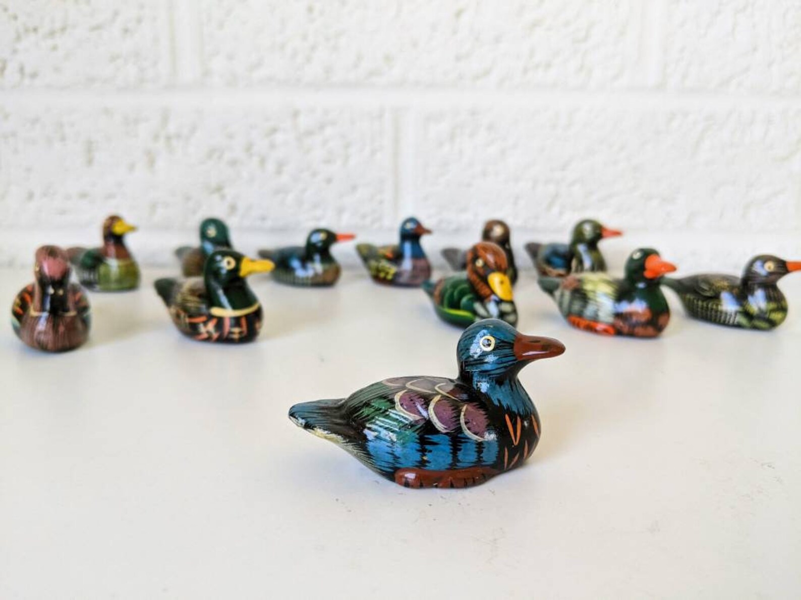 Vintage Dozen Ducks Hand Painted Clay Miniature Duck Decoy Etsy