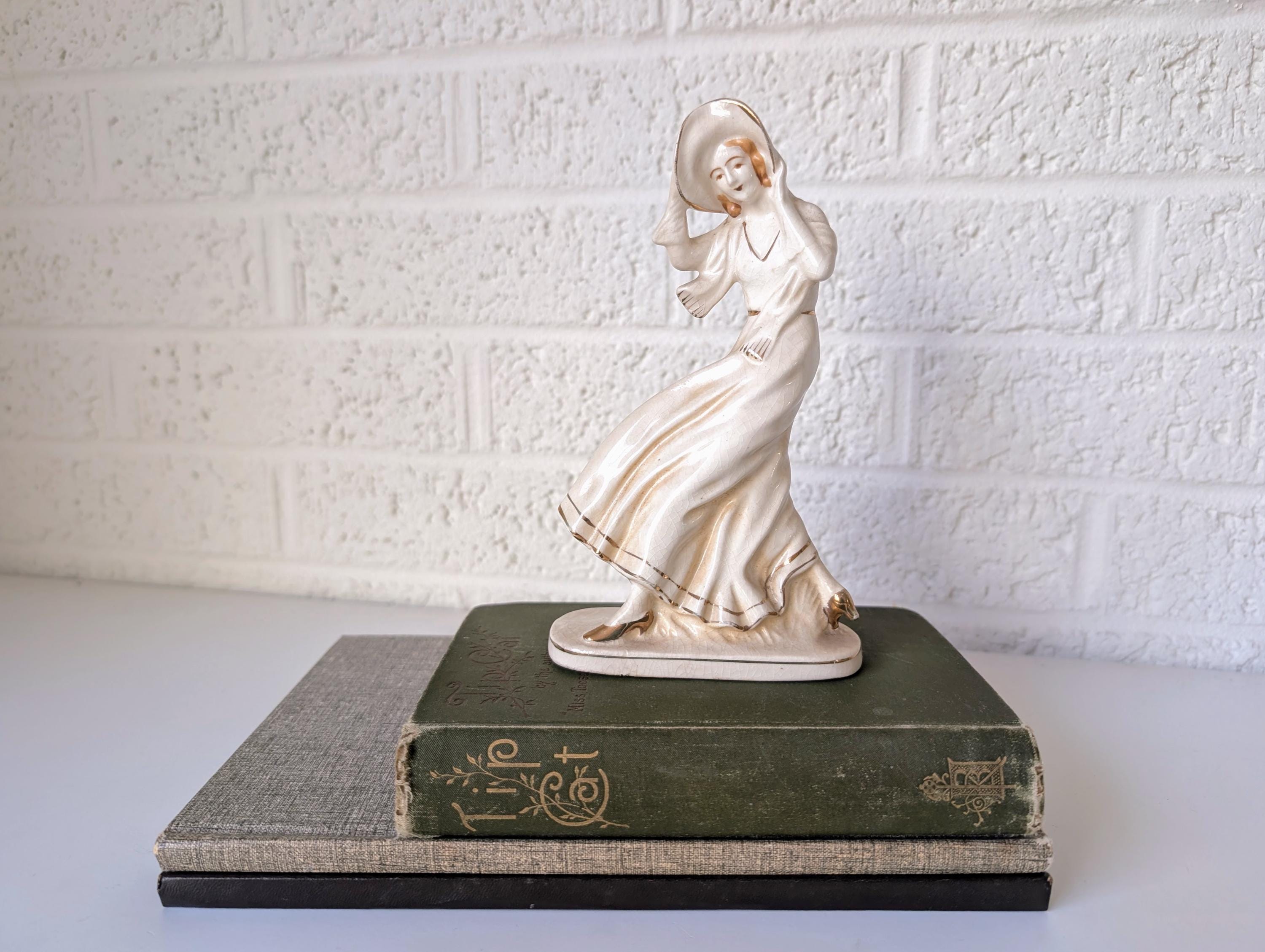 Vintage Woman in the Wind Figurine | Japan | Lady With Hat, Scarf