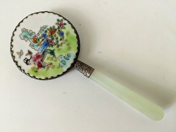 ヴィンテージ ハンドミラー 装飾的 ヴィンテージハンドミラー | 翡翠のハンドルとシルバーの
