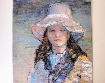 Vintage Original Artwork | Oil Pastel | Woman in Hat