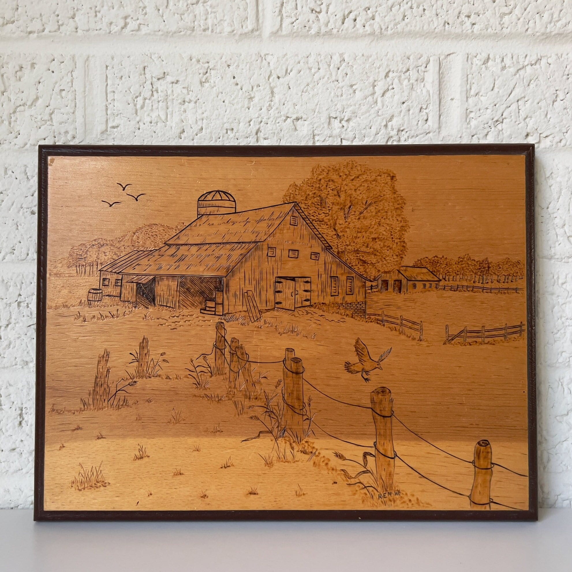 Vintage Wood Burn Wall Art | Barn Scene | Pyrography | Bucolic