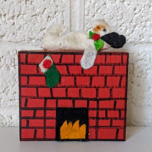 Vintage Wooden Fireplace Christmas Ornament | Dog on Mantle | Wood and Felt