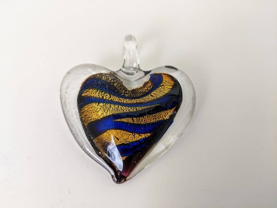 Pendentif Cœur En Verre Soufflé Iridé Avec Gouttelettes D'Or - Superbe Et Imposant - Bijou Vintage Occasion