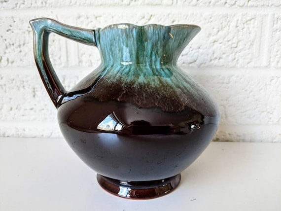 Vintage Mid Century Pottery Pitcher or Ewer | Glossy Rich Dark Brown with Turquoise and Teal at Top