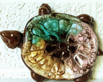 Vintage Mid-Century Pottery Turtle Dish | Pretty Pastel Rainbow Glaze on a Rich Brown Background