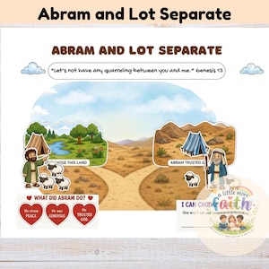 Puede incluir: Una hoja de actividades educativas imprimible titulada Abram and Lot Separate, que presenta una ilustración de un camino dividido, figuras de dibujos animados de Abram y Lot con ovejas, tiendas de campaña y el texto Let's not have any quarreling between you and me Genesis 13.
