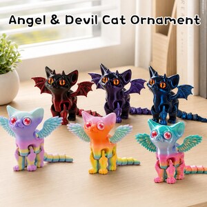 Gelede kat beeldje engel en duivel, 3D-geprint gevleugeld kitten bureauornament, fidget kat, gothic kawaii interieur, kattenliefhebber verzamelcadeau