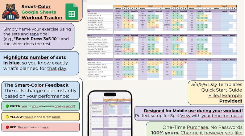 Mobile Workout Tracker | Auto Color-coding Gym Log (google Sheets ...