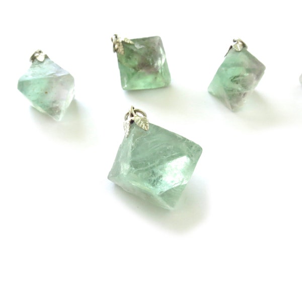 Fluorite Octahedron Pendant 1 Blue Green and Lavender Raw Crystal With Silver Cap & Bail 29mm - 30mm Natural Rough Stone Aqua (Lot FL11S)