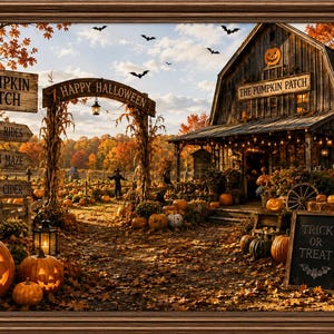 Halloween Pumpkin Patch Wall Art, Fall Farmhouse Decor, Rustic Autumn Landscape Print, Printable Wall Art, Frame TV Art Download