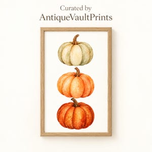 Arte de parede imprimível com abóboras, abóboras empilhadas em aquarela, decoração neutra de outono, estampa em tons de verde sálvia e laranja, pôster de Halloween, estilo fazenda.