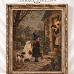 May include: A framed print titled Curated By AntiqueVaultPrints depicting a Halloween scene with a child in a ghost costume, a child in a witch costume with a broom, a small dog, and a person at a doorway with a jack-o'-lantern in a rustic setting.