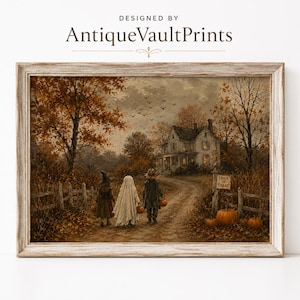 May include: A framed art print titled AntiqueVaultPrints featuring a landscape painting of three children in costumes walking down a dirt path towards a house at dusk. The scene includes autumn trees, orange pumpkins, and a sign that reads Trick or Treat.
