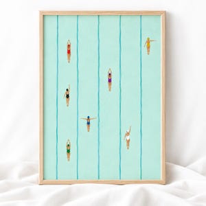 Swimming Pool Aerial Art, Tiny Swimmers Print, Minimalist Summer Wall Art, Printable Pool House Decor, Digital Download