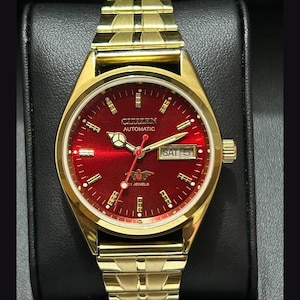 Reloj Citizen 21 automático vintage restaurado, esfera roja, fecha y día, fabricado en Japón.