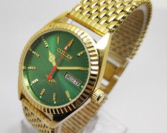 ビンテージ シチズン 自動巻き腕時計 – グリーン文字盤、ゴールドバンド、日付・曜日表示、21石
