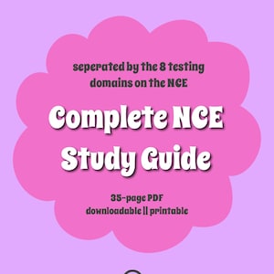 May include: A lilac-colored graphic with a pink cloud-shaped element containing the text "Complete NCE Study Guide." The text is in white, with additional text above and below. The guide is a 35-page PDF, downloadable and printable, separated by the 8 testing domains on the NCE.